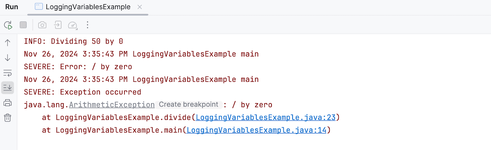 Stack Trace for logging example in java