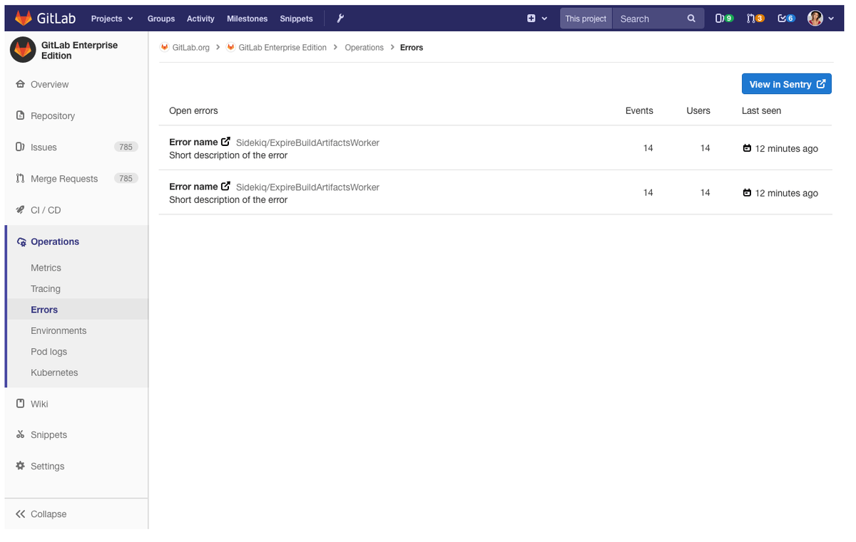 A screenshot of the GitLab interface, displaying a list of Sentry errors.