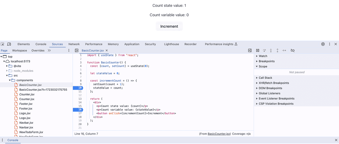BasicCounter after re-render showing count state value is 1 but stateValue variable remains 0