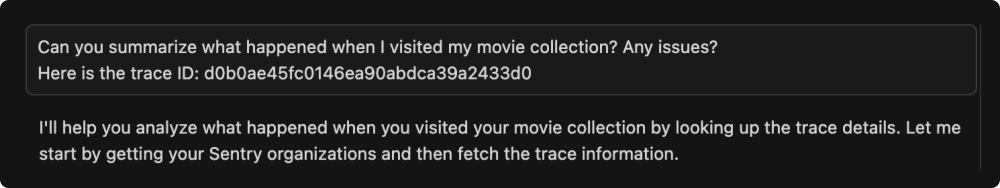 An example prompt, asking the AI to summarize an issue with the help of a trace ID. The AI responds with fetching the trace information for further analysis.