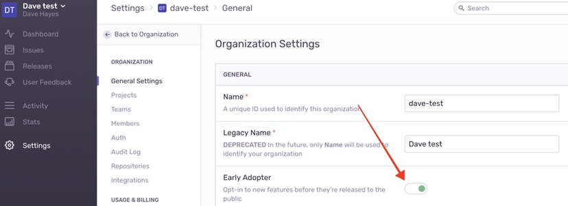 Sentry Early Adopter Settings