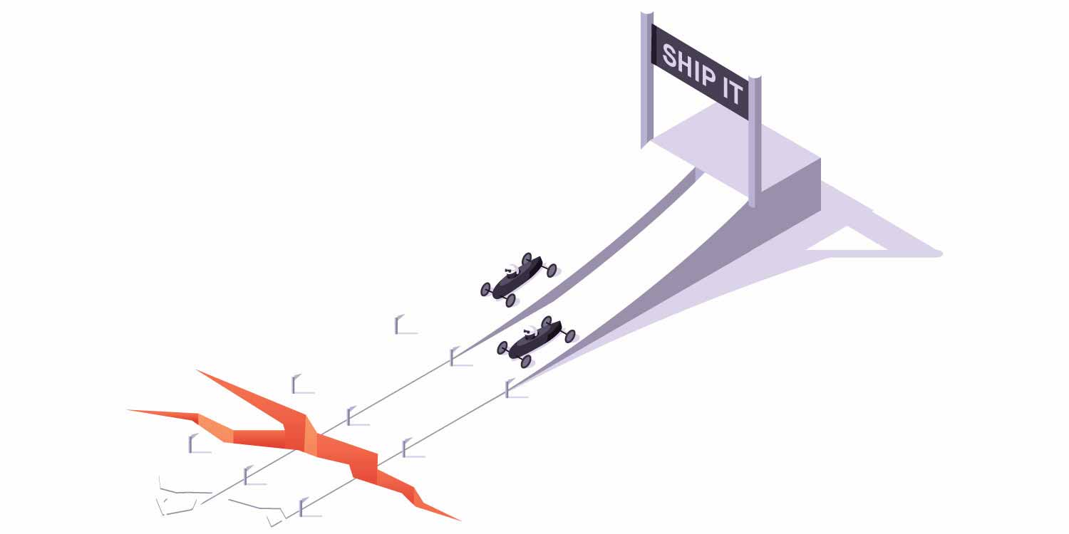 An image of soapbox derby cars racing toward a glowing chasm