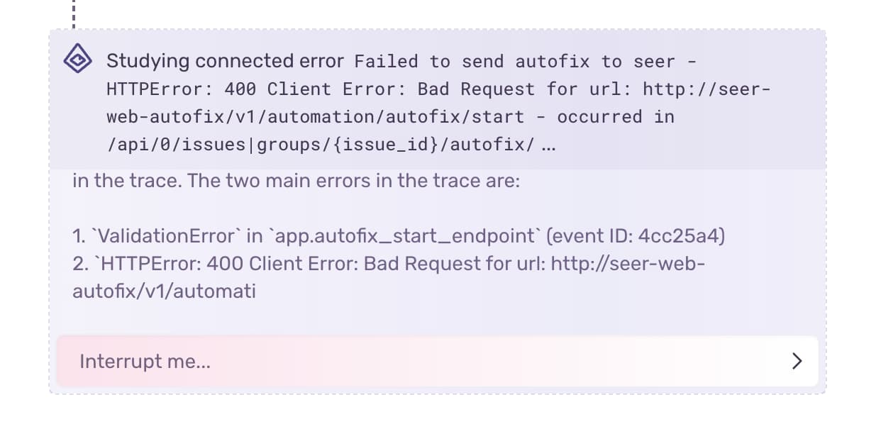 A screenshot of Autofix actively studying the stack trace and other event details of a trace-connected error while automatically debugging an issue in Autofix itself