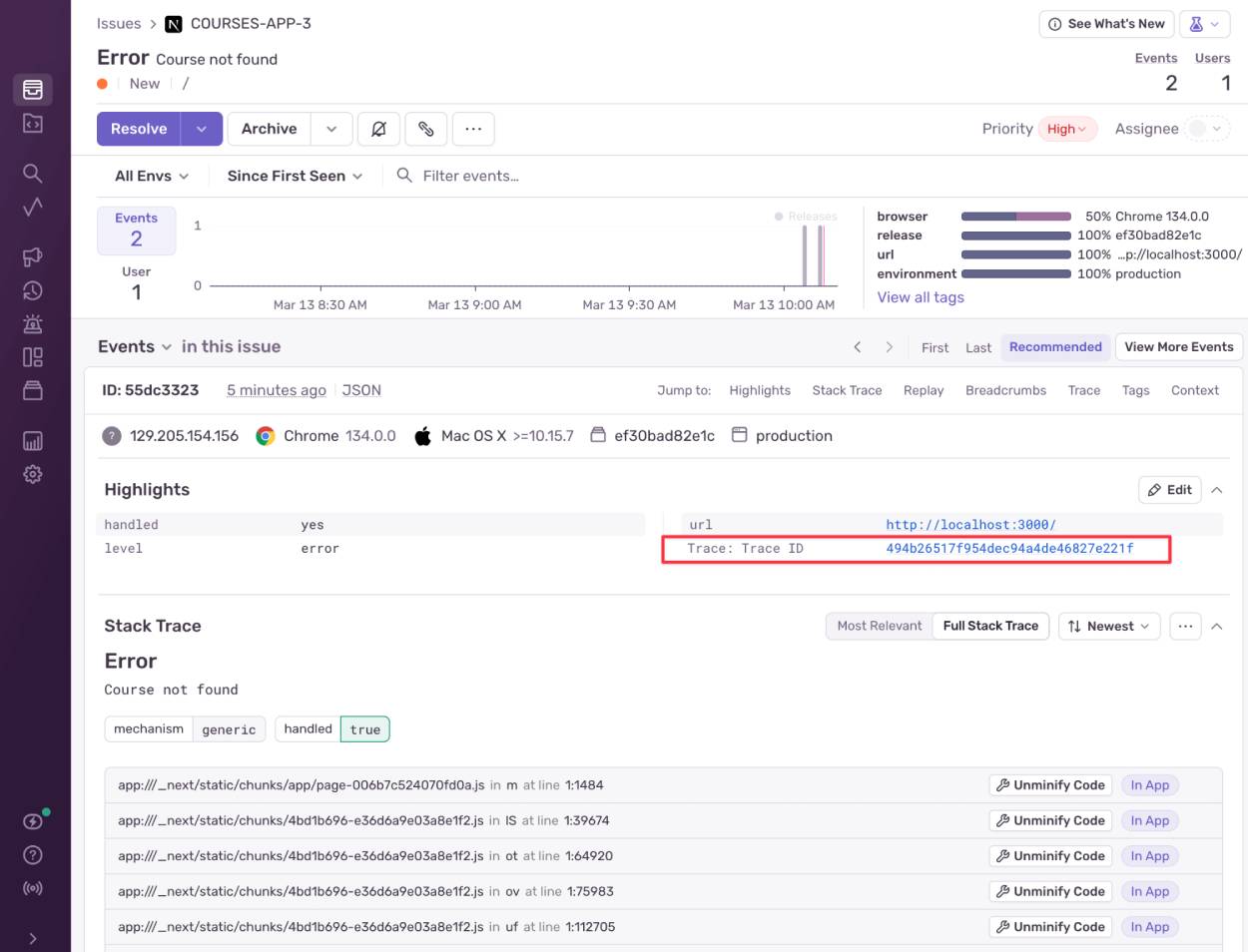 Sentry example error page, highlighting its Trace ID.