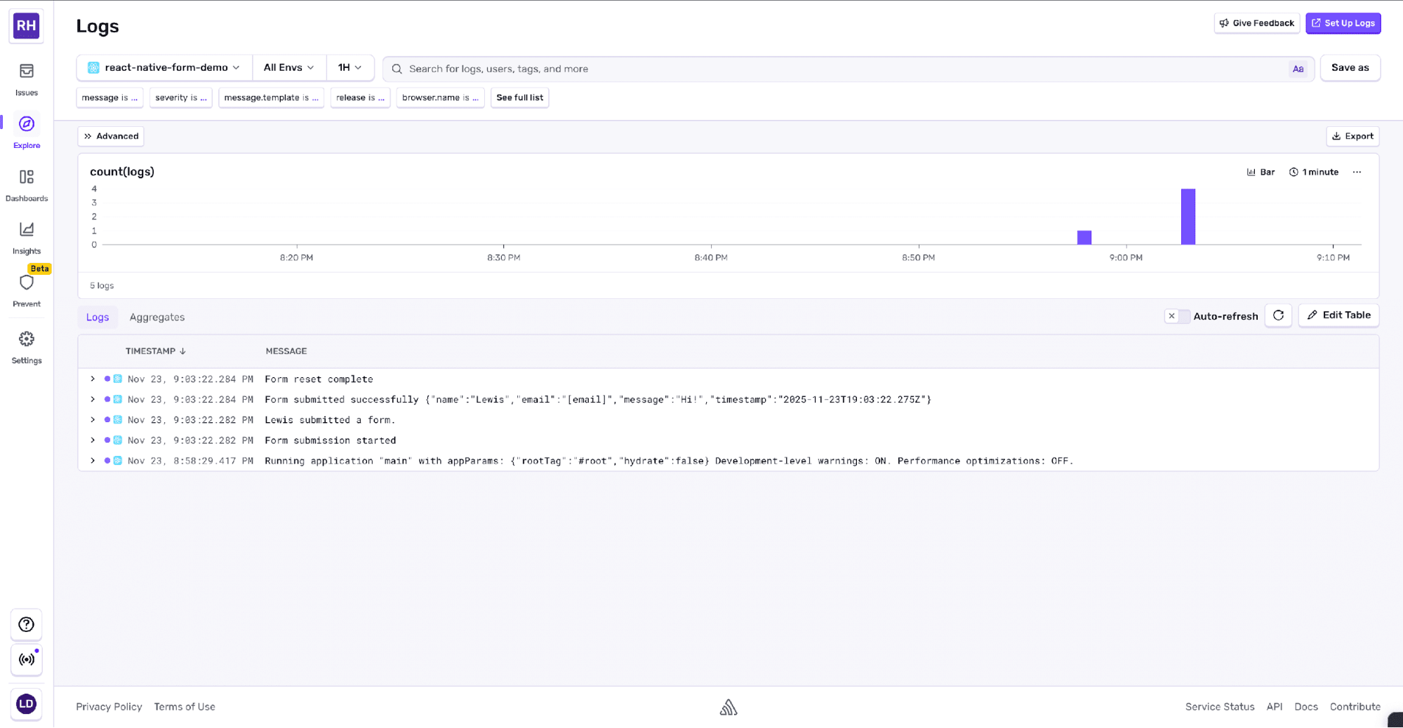 Logs dashboard showing multiple form-related log events over time, including submission started, successful submission with payload data, form reset, and application startup, with a bar chart summarizing log counts.