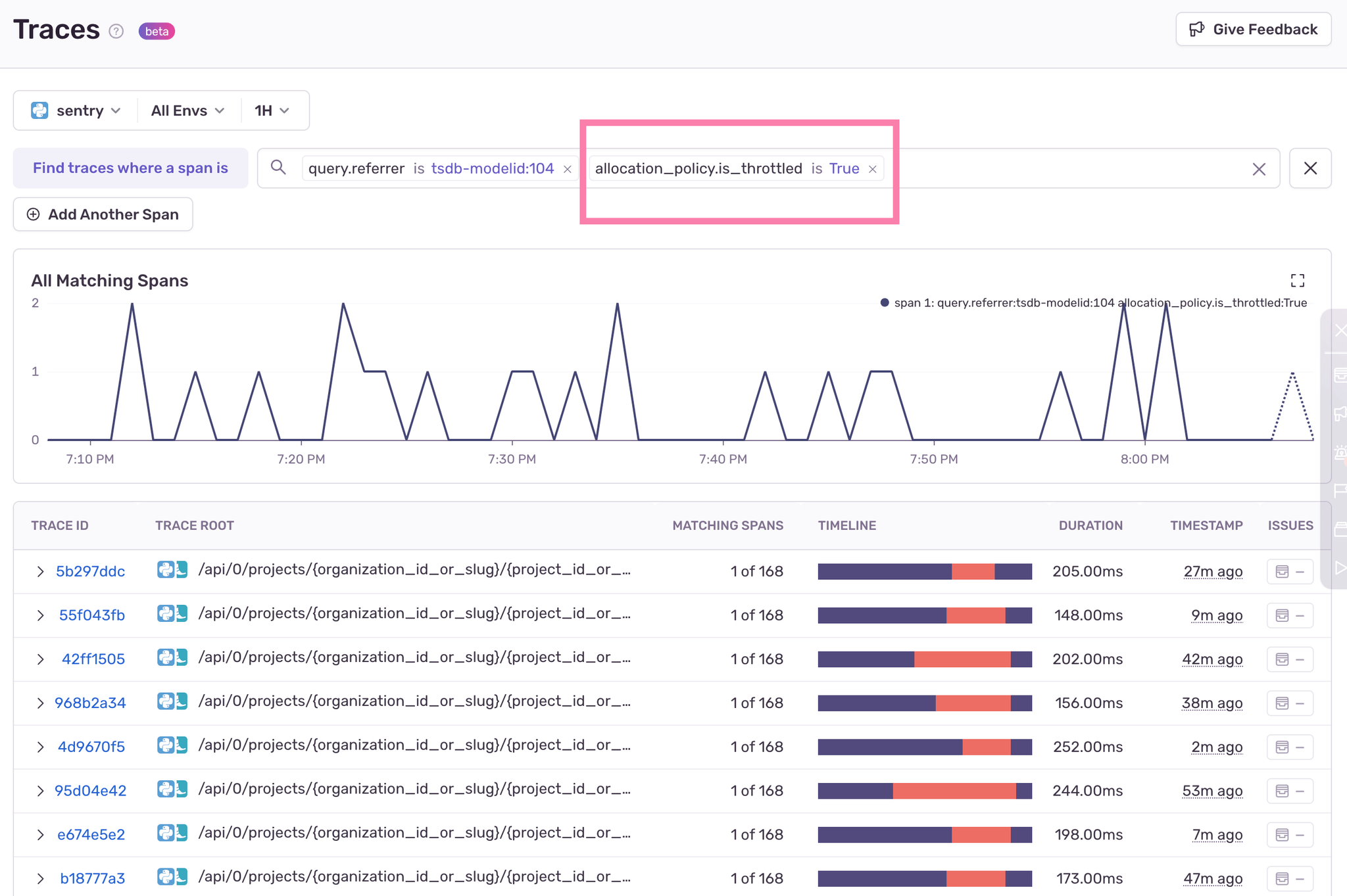 A screenshot of the Sentry Trace View showing all matching spans where the `query.referrer` is `tsdb-modelis:104` and the `allocation_policy.is_throttled` is set to `True`.