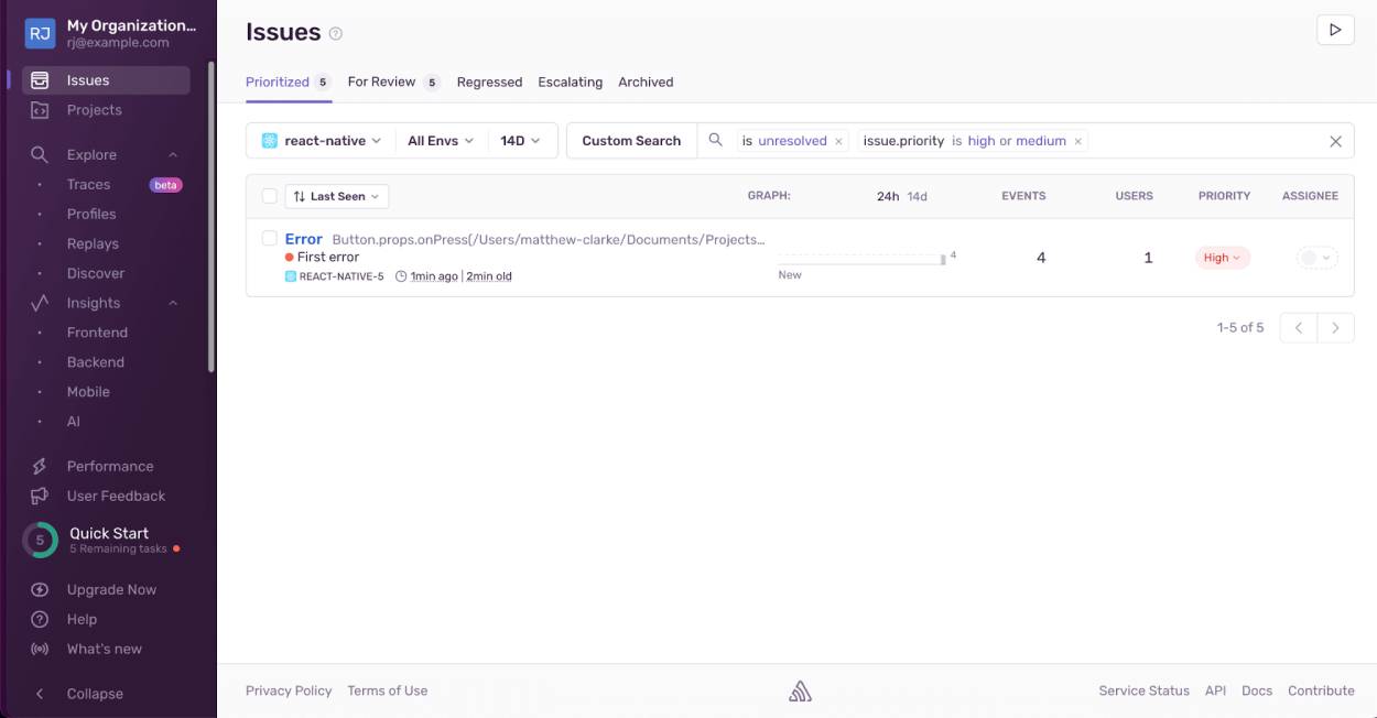 The Sentry Issues page showing a test error.