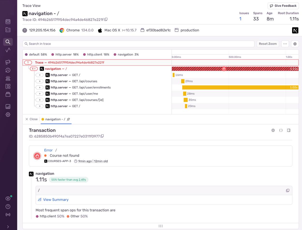 The trace view of the example error, showing the page load and involved requests from the page.
