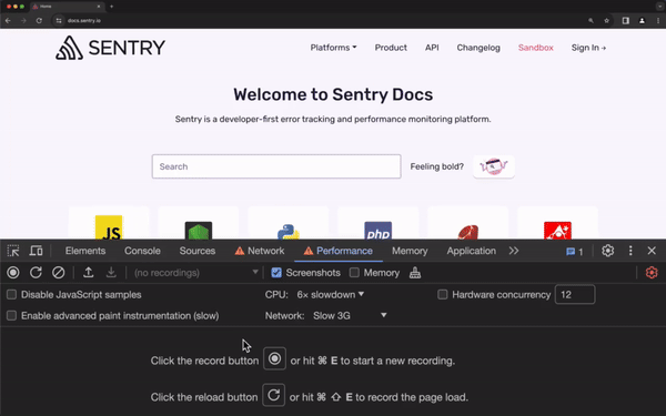 Animated gif showing the recording taking place, whilst web vitals is typed into the search input.