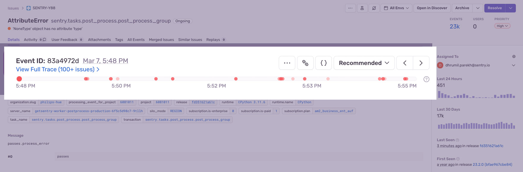 Sentry issue detail page with Trace Navigator timeline, event tags, and related error context