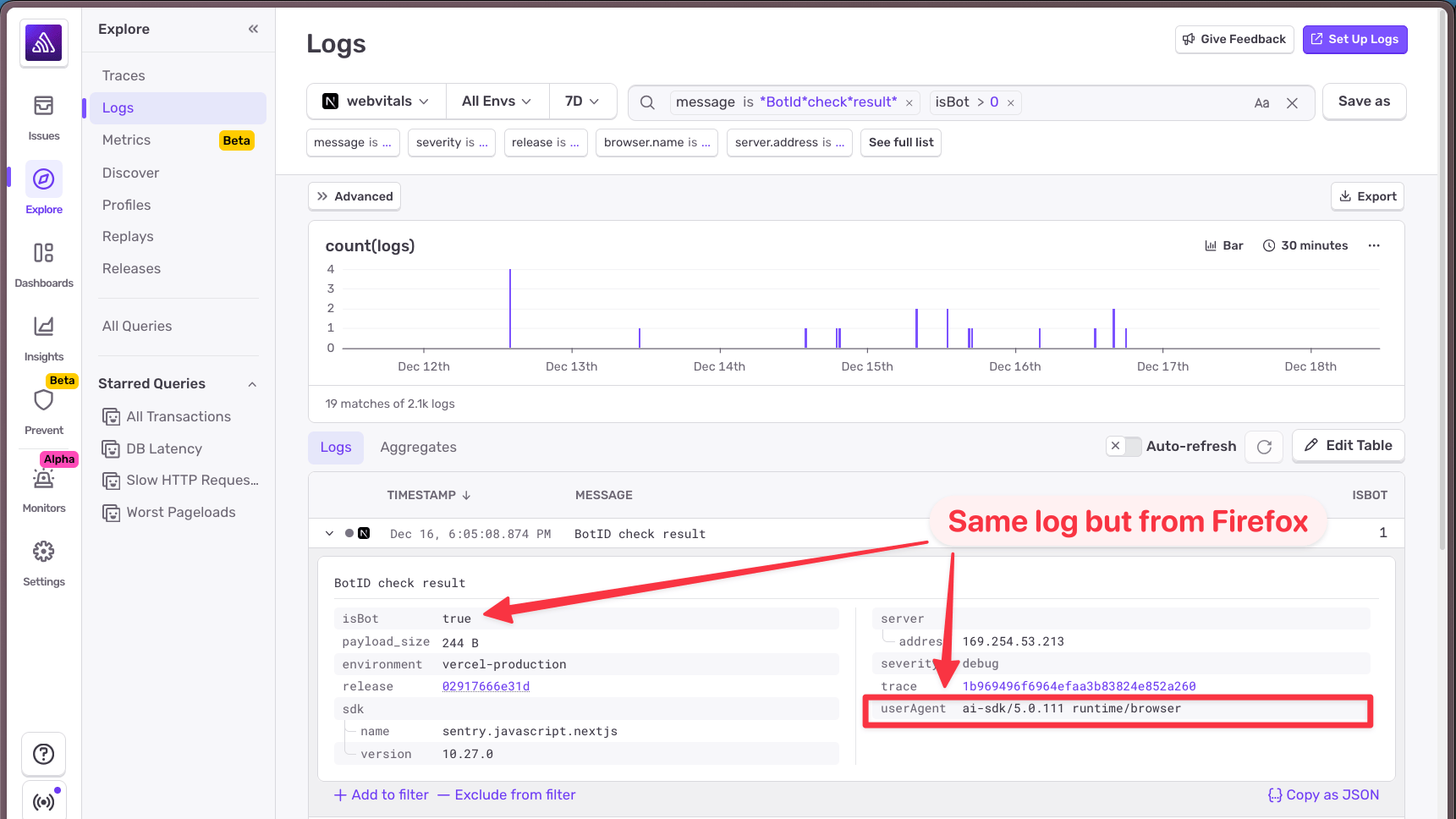 Screenshot of a logs dashboard filtered for bot traffic, showing a BotID check result from Firefox where isBot is true, with an expanded log entry highlighting an ai-sdk browser user agent and marked as the same log type as earlier.