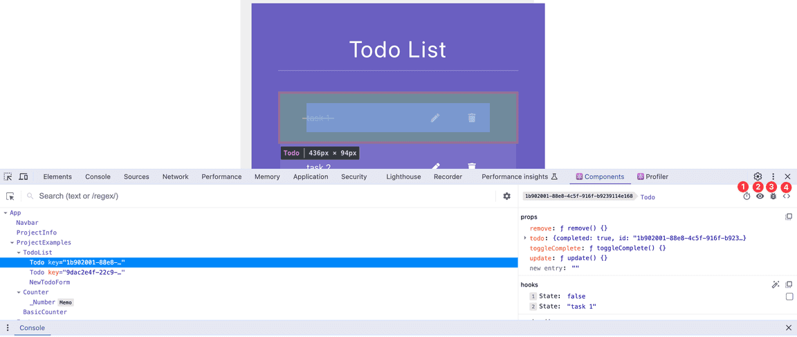 React DevTools Components panel showing Todo List app with component tree, props, hooks, and state