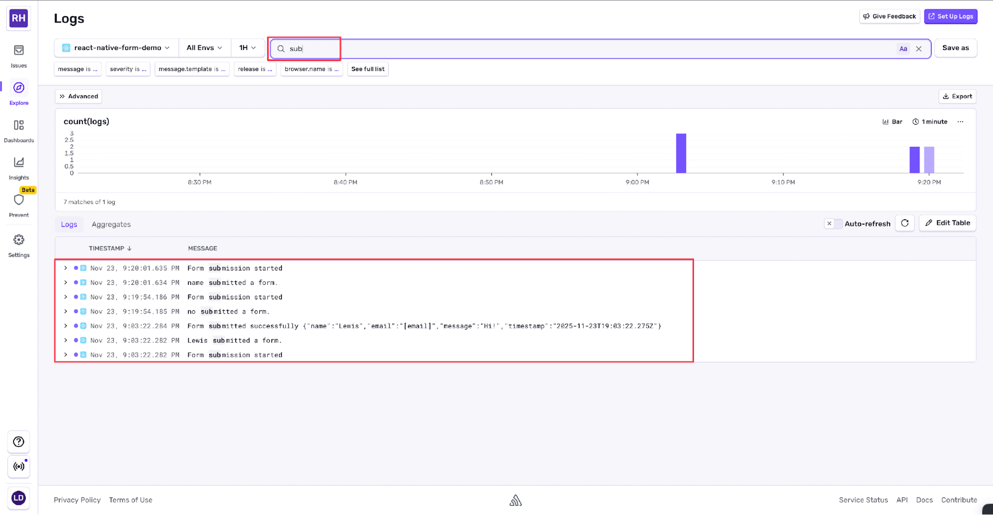 Logs dashboard filtered by the search query "sub" for form submissions, showing multiple matching log entries highlighted in the results table and a bar chart of matching log counts over time.