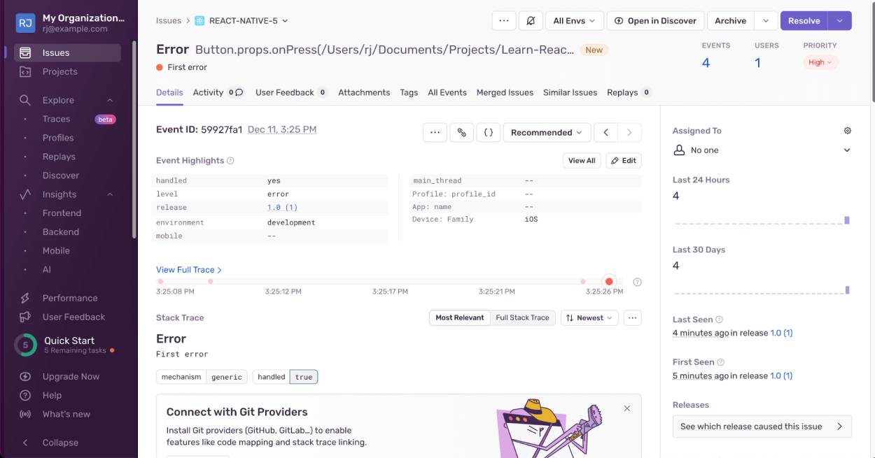A page from Sentry showing more details about the test error.