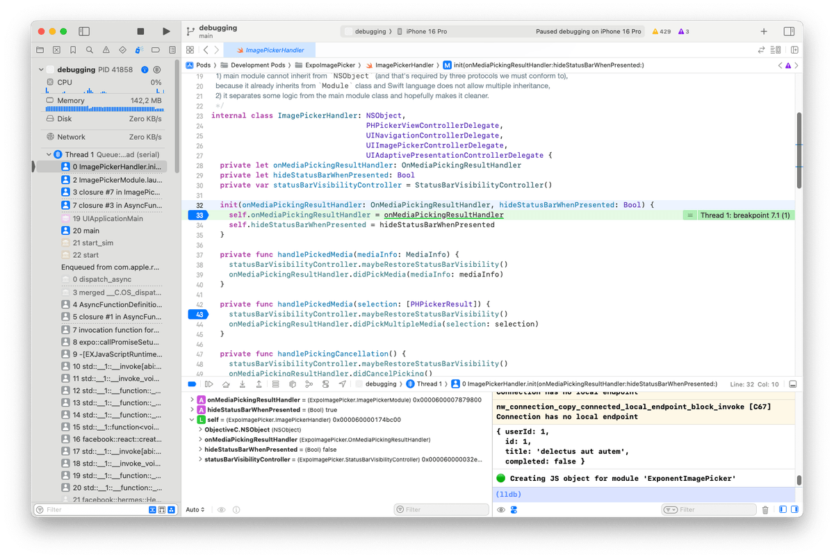 Xcode debugging capabilities using breakpoints to step into native code