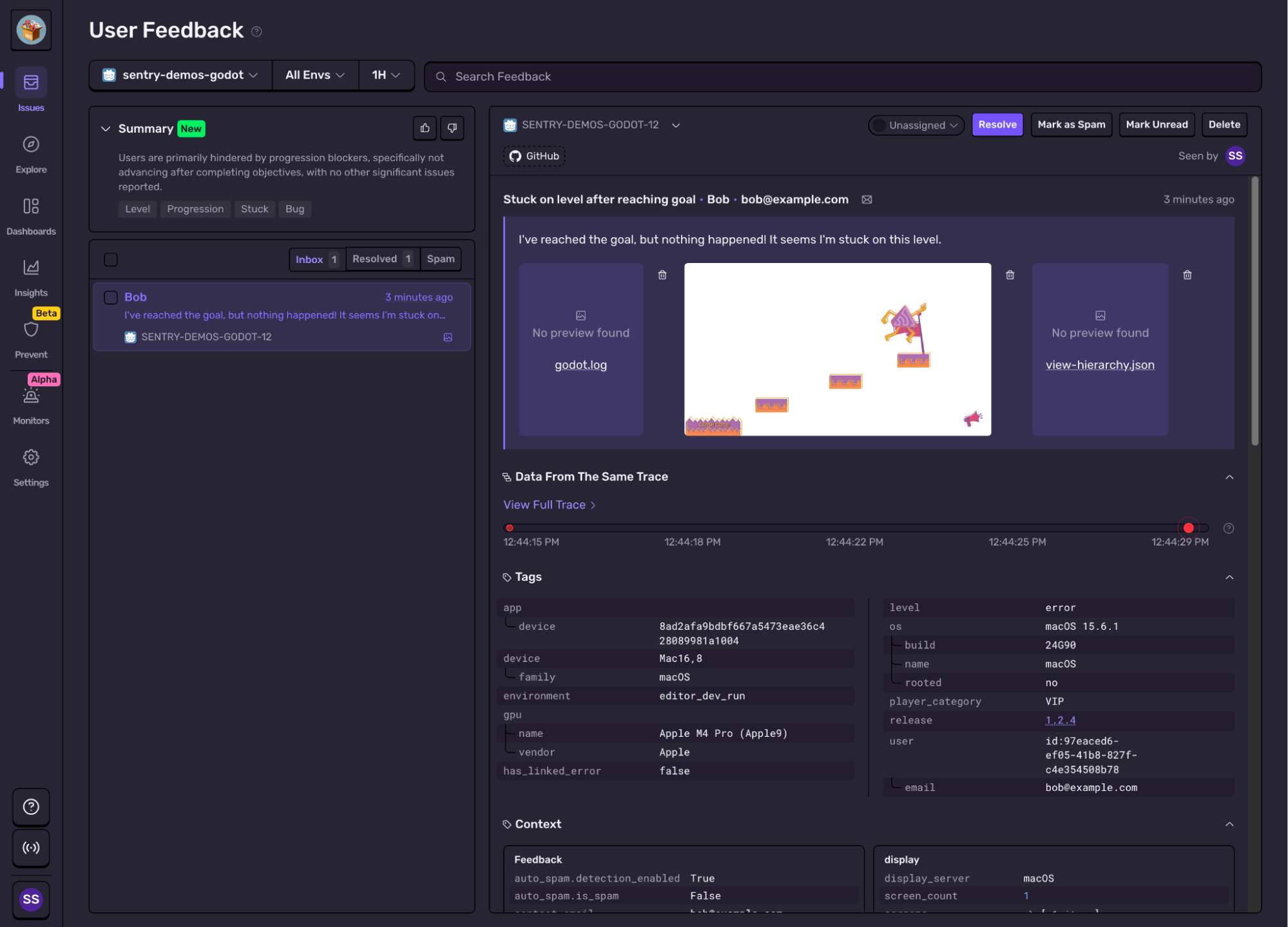 Screenshot of Sentry’s User Feedback panel showing a player’s report with an attached game screenshot and related device and context data.