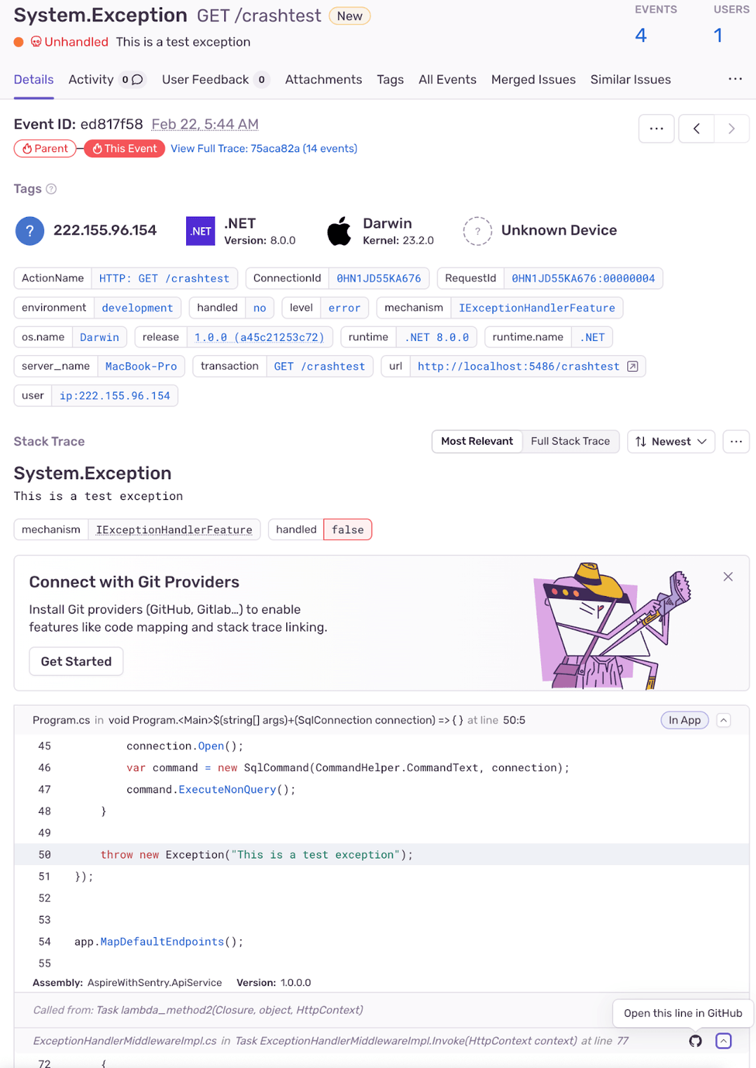 A crash in the Aspire app shown in a Sentry issue view.