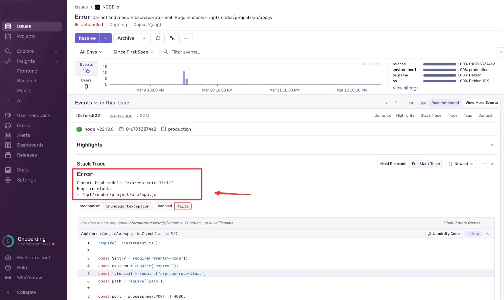 Sentry screenshot showing the detailed "package not found" error message in the stack trace.