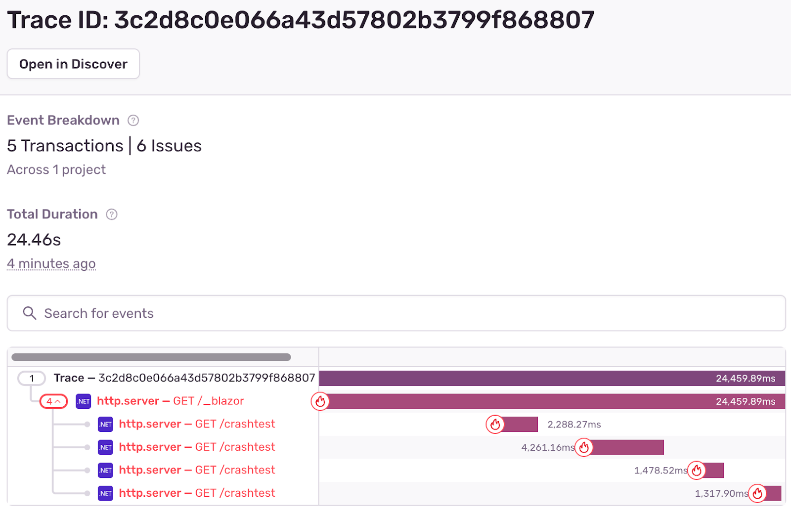 Trace view for the aspire app crash.