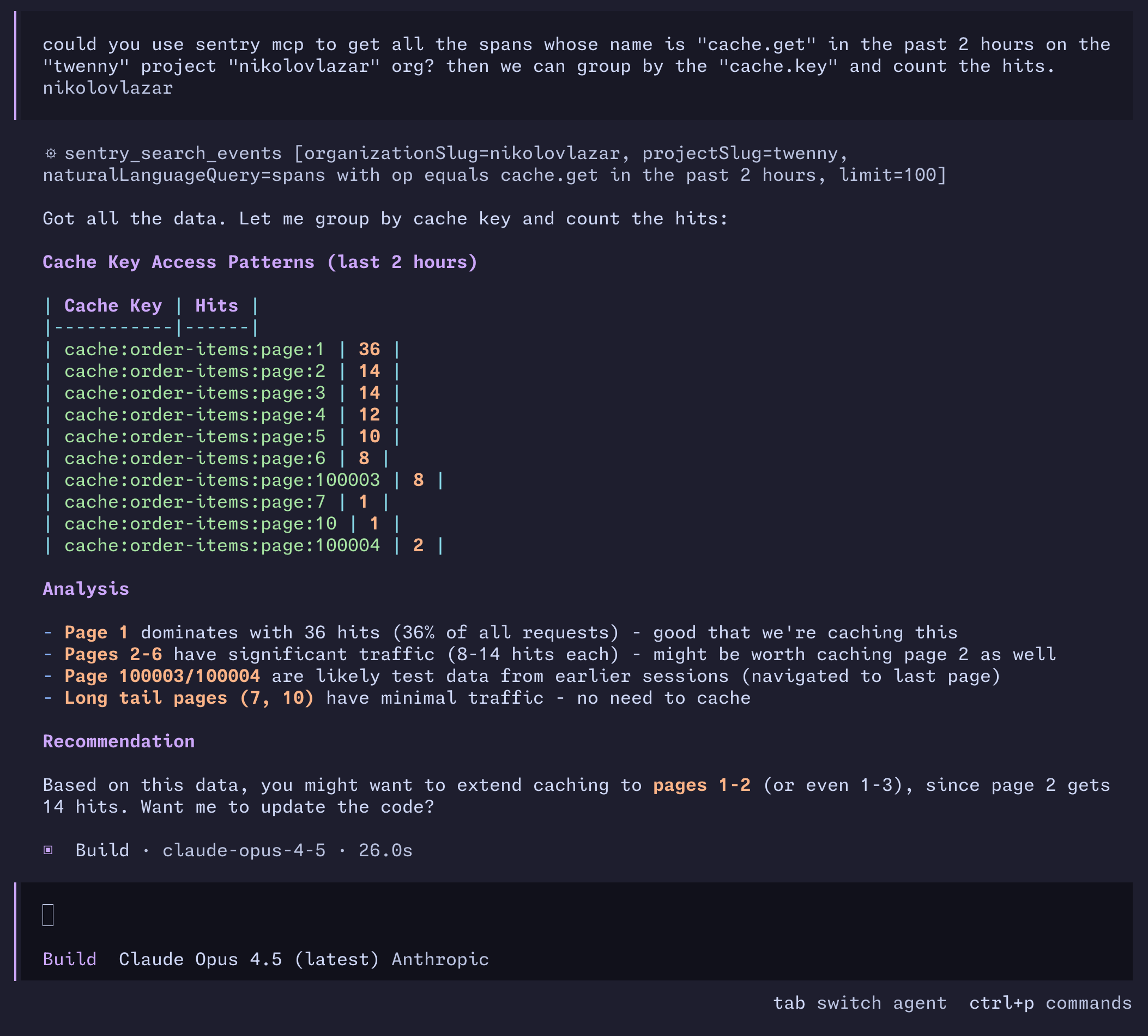 Terminal output showing Sentry MCP cache key access patterns over 2 hours. Page 1 dominates with 36 hits, pages 2-6 have 8-14 hits each. Recommendation to extend caching to pages 1-2.