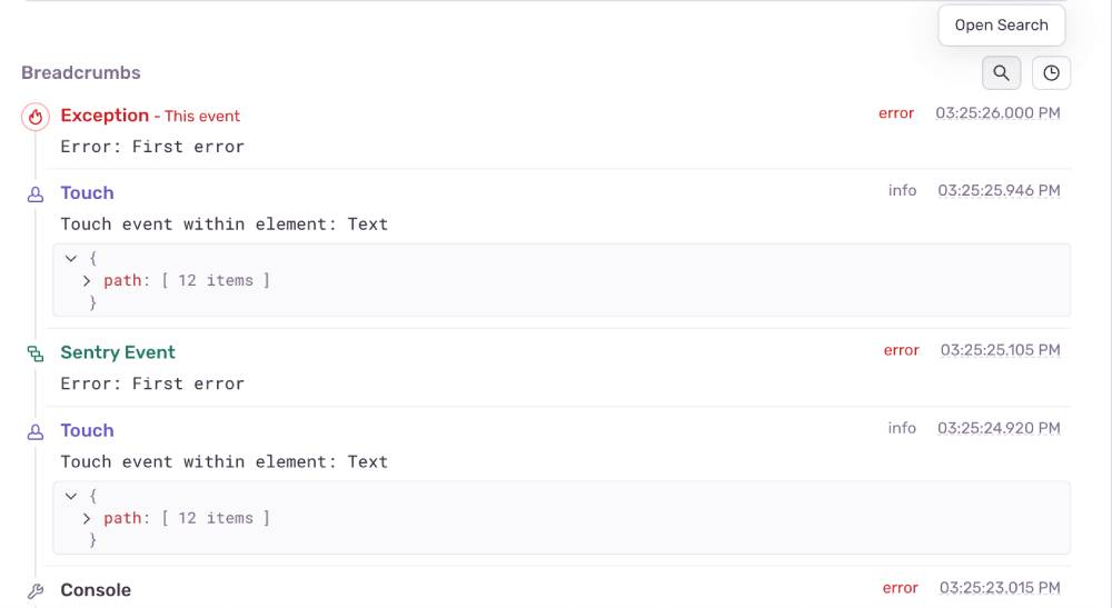 The breadcrumbs section of the test error page.
