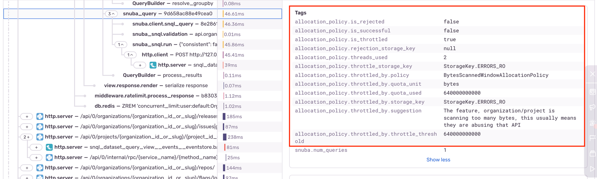 A screenshot of the Sentry Trace View where a specific span has been selected and the tags are being listed. The same information as the image above is displayed in this tag view.