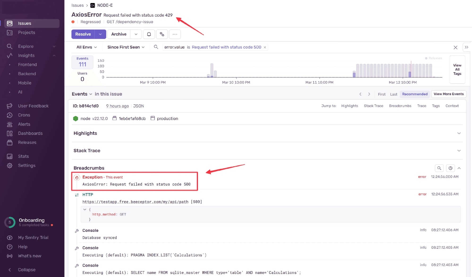 Sentry screenshot showing the issue alert, pointing out the 500 error exception under the "Breadcrumbs" section.
