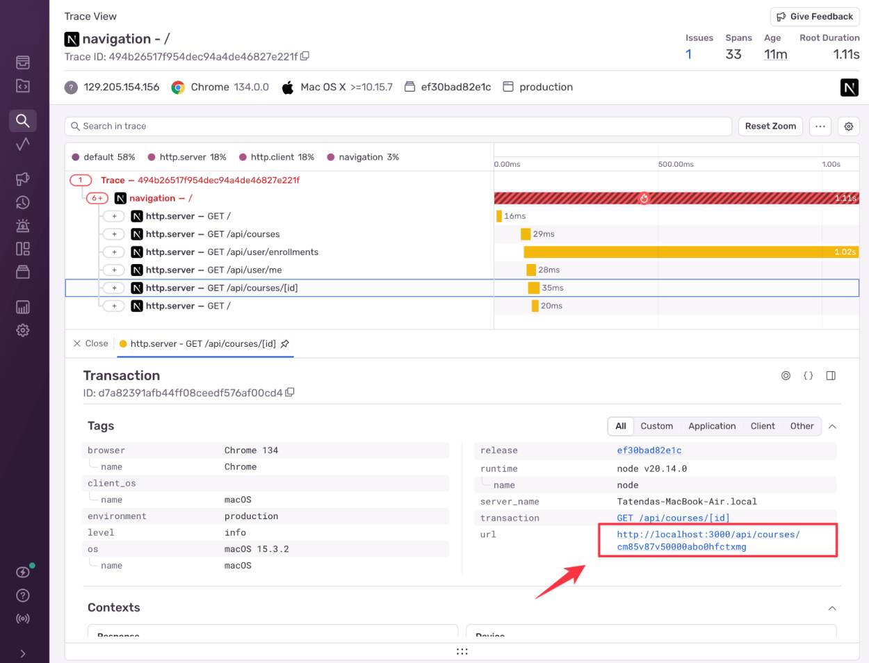 Sentry trace view of the error, highlighting the URL endpoint containing the course ID.