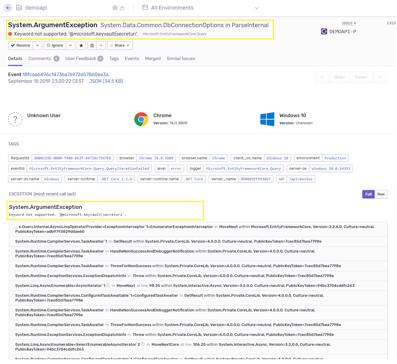 Context of the error in Sentry's UI 