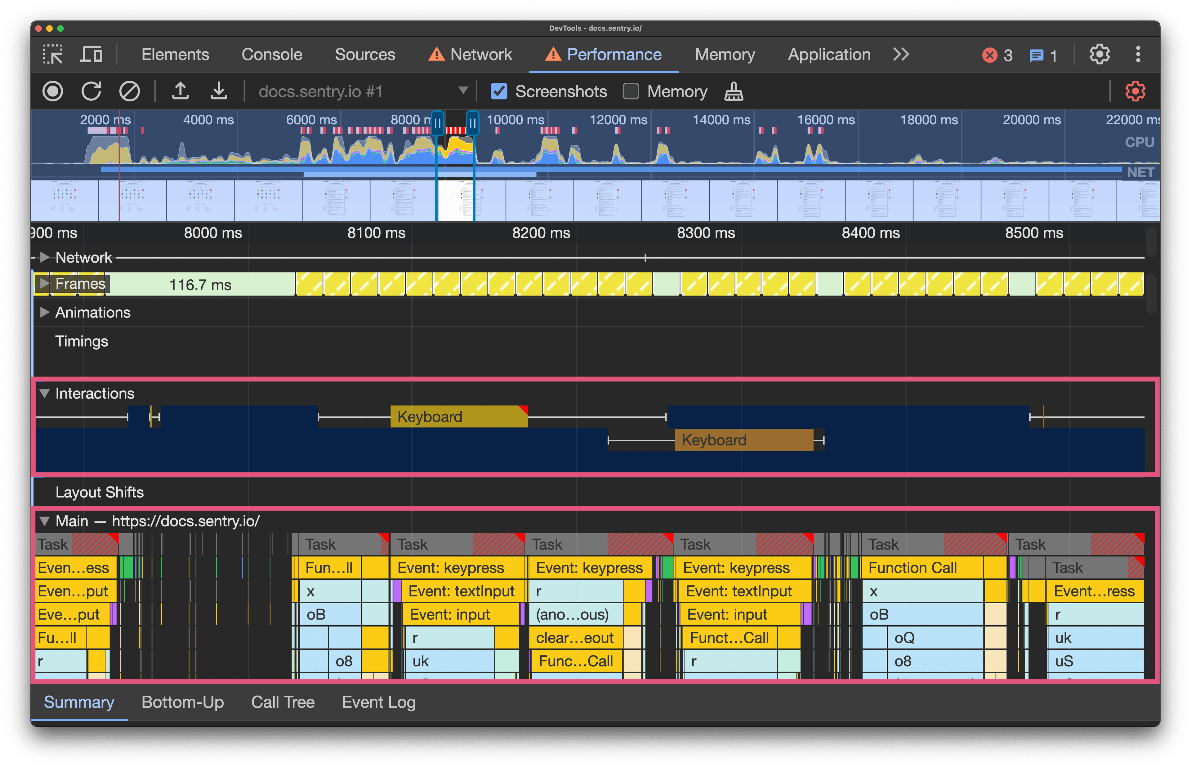 Performance profile has been recorded. The Interactions and Main thread lanes are annotated with rectangles.