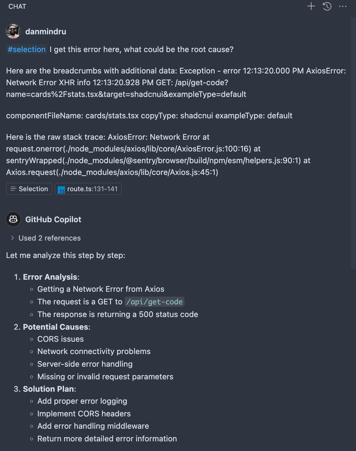 Copilot with Claude 3.5 Sonnet debugging the issue with the relevant content provided.