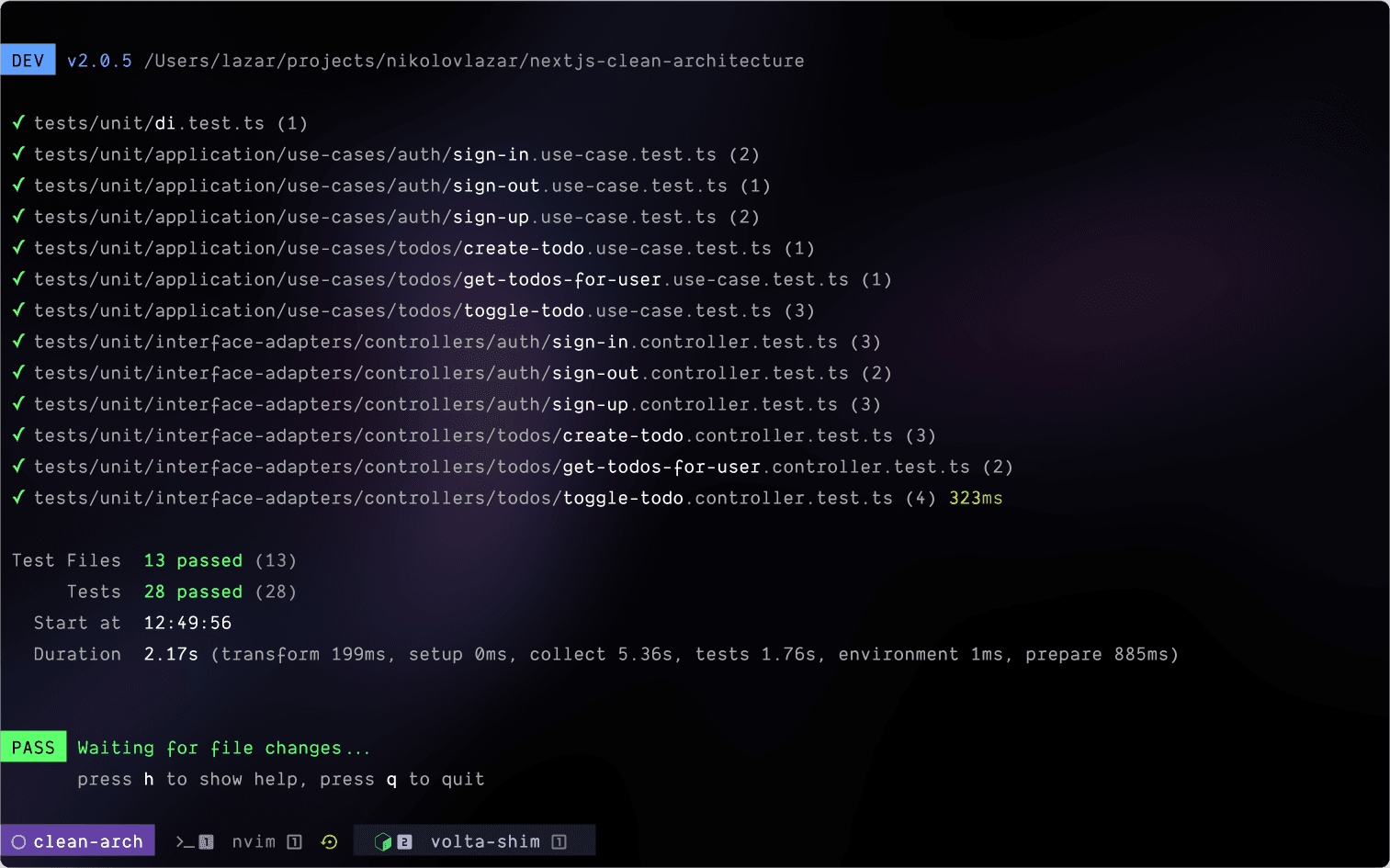 Terminal showing 13 passing test files and 28 passing unit tests for the clean architecture project