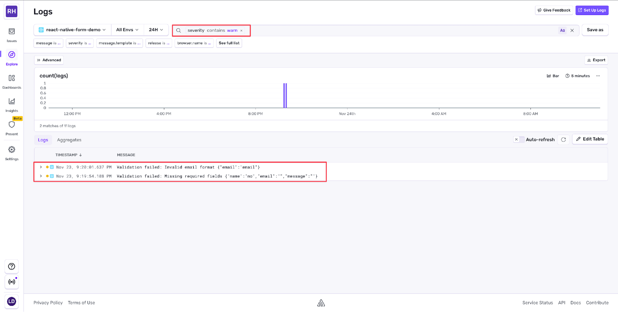Logs dashboard filtered to warning-level events, showing validation failure messages for invalid email format and missing required form fields, with a timeline chart of warning log activity.