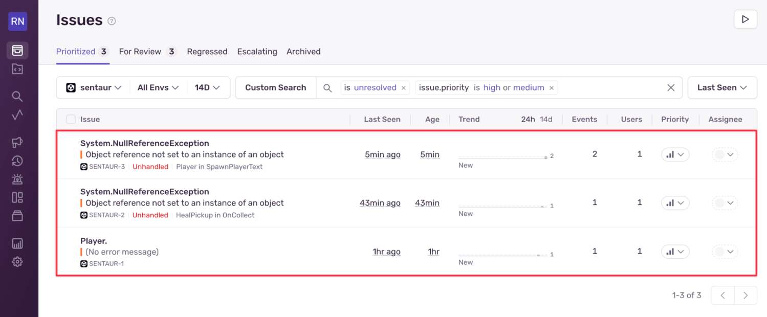 The Sentry Issues dashboard showing 3 different issues