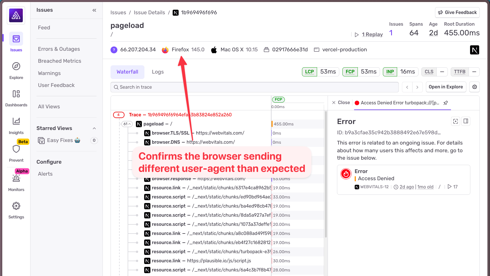 Screenshot of an error monitoring dashboard showing a pageload trace. A red arrow highlights the user agent details (Firefox 145.0 on Mac OS X 10.15), with an overlay note stating the browser is sending a different user-agent than expected.