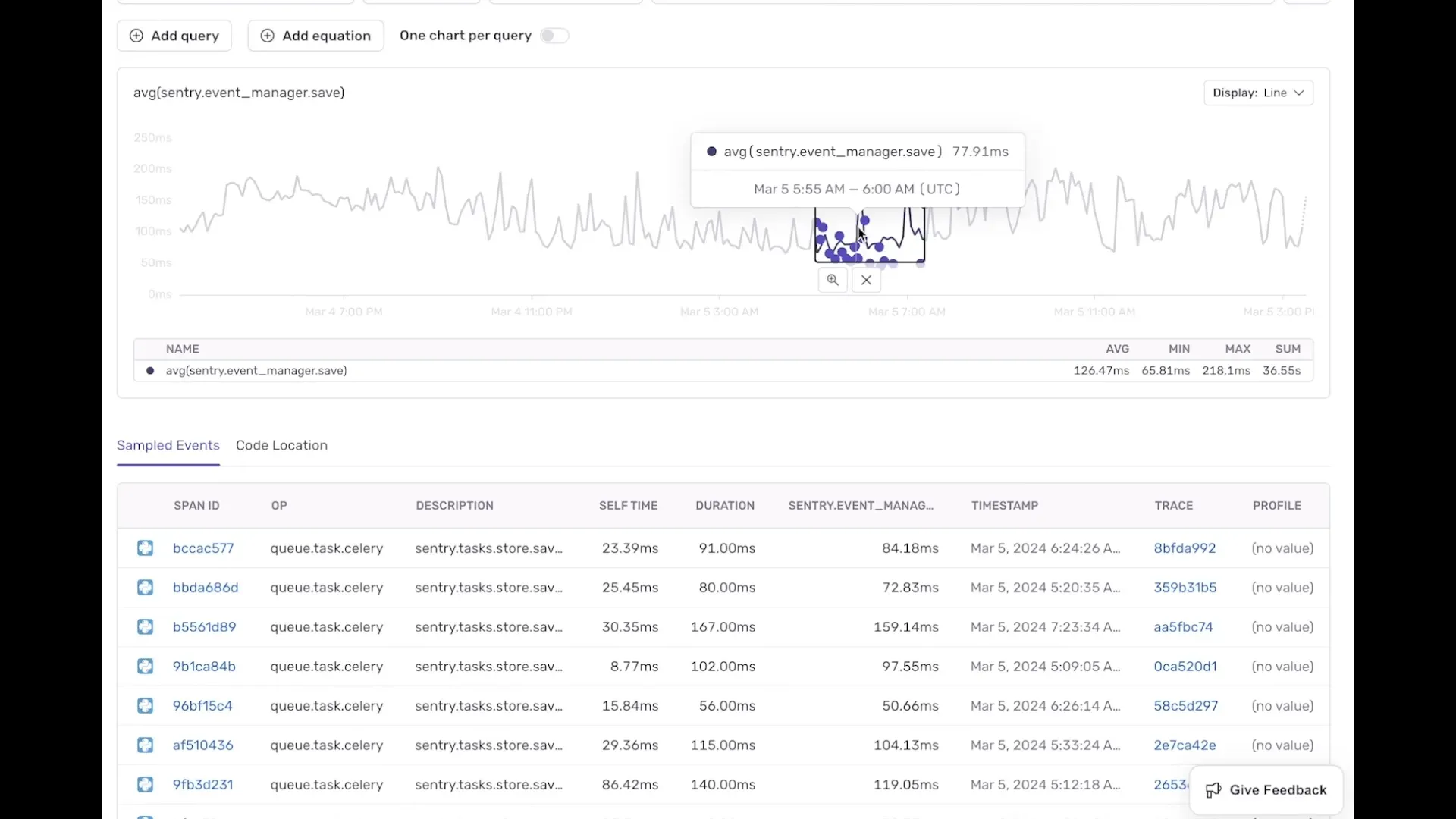 Metrics line chart with tooltip and sampled span events table below