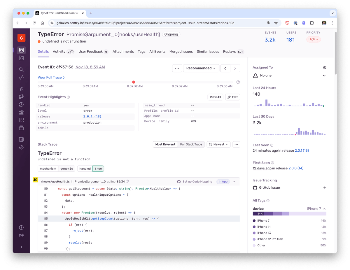 Sentry error report including exact line of code where the issue happened