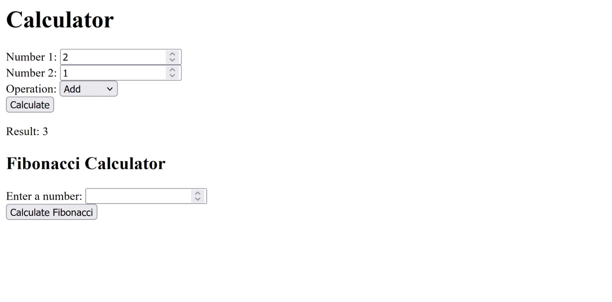 Screenshot showing he aforementioned calculator app, with a regular calculator up top, and a fibonacci calculator at the bottom.