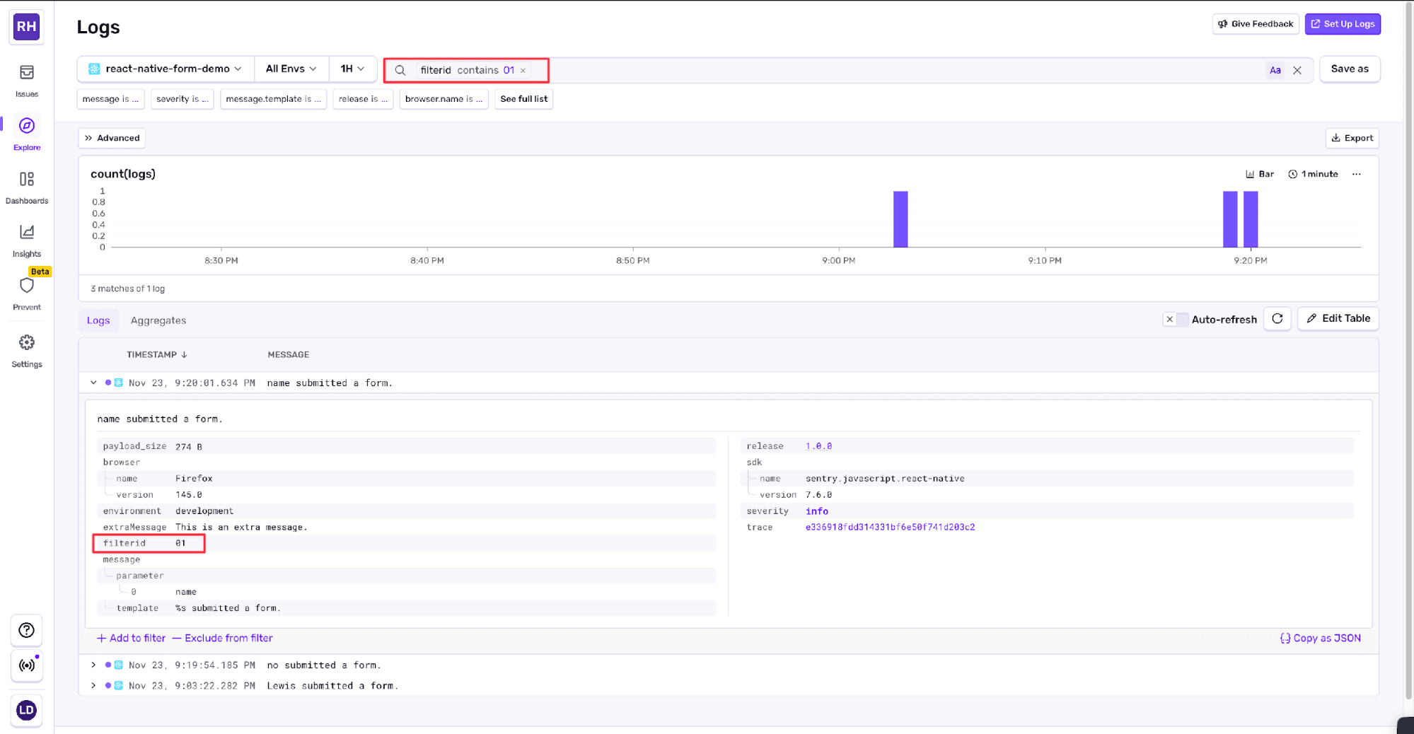 Logs dashboard filtered by a custom filter ID, showing a detailed form submission log with highlighted metadata fields, including filter ID and extra message, alongside a timeline of matching log events.