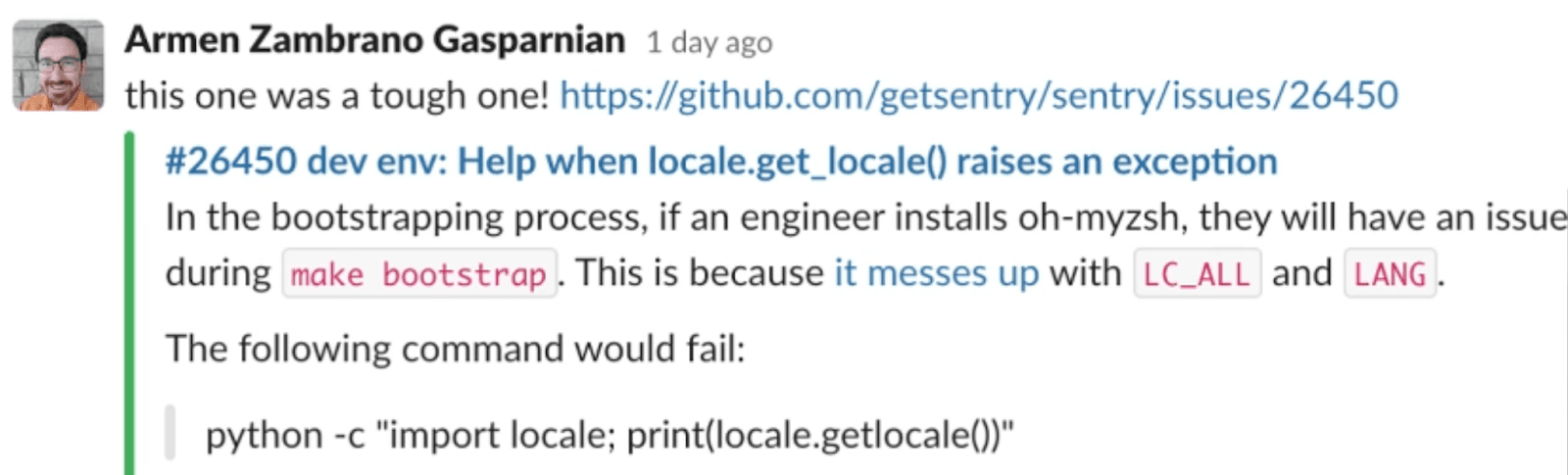 GitHub issue comment describing a locale.get_locale() dev environment bootstrap bug