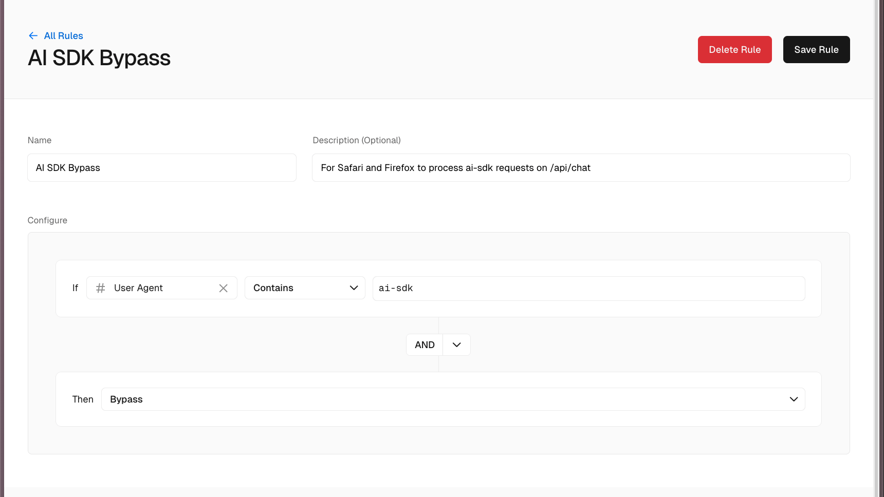 Screenshot of a rule configuration page titled “AI SDK Bypass,” showing a condition where the User Agent contains “ai-sdk” and the action is set to Bypass, with Save Rule and Delete Rule buttons at the top.