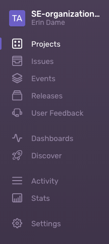 Sentry sidebar navigation with Projects, Issues, Events, Releases, User Feedback, Dashboards, Discover, and Settings