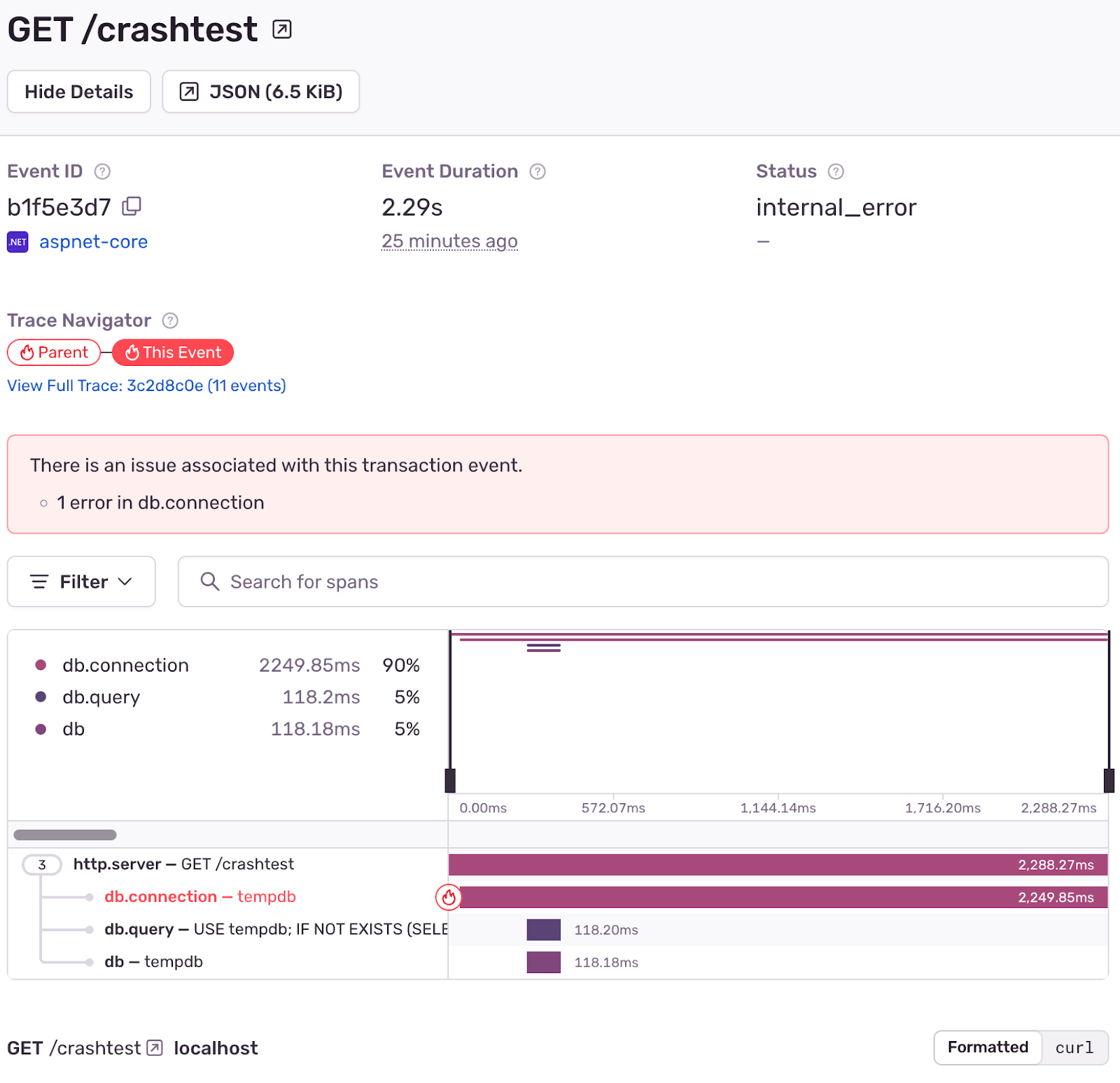Trace view showing that there is a db error associated with this crash.