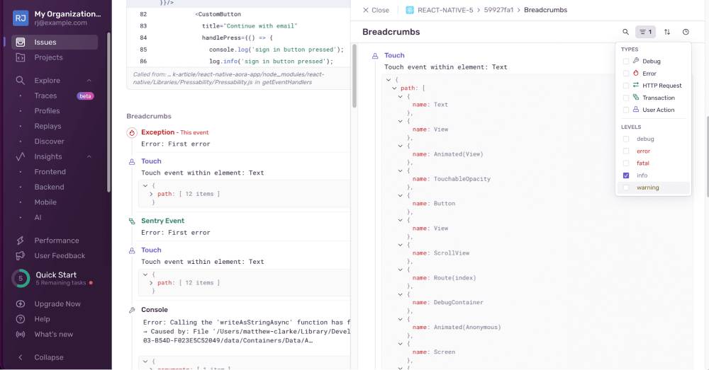 The Sentry issue page showing the different event filtering options in the top right corner.