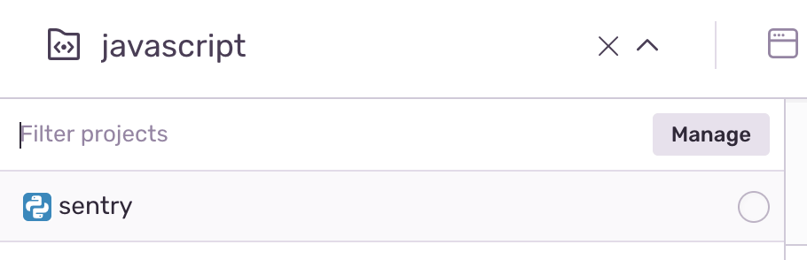 Sentry project filter dropdown showing a JavaScript project with search field