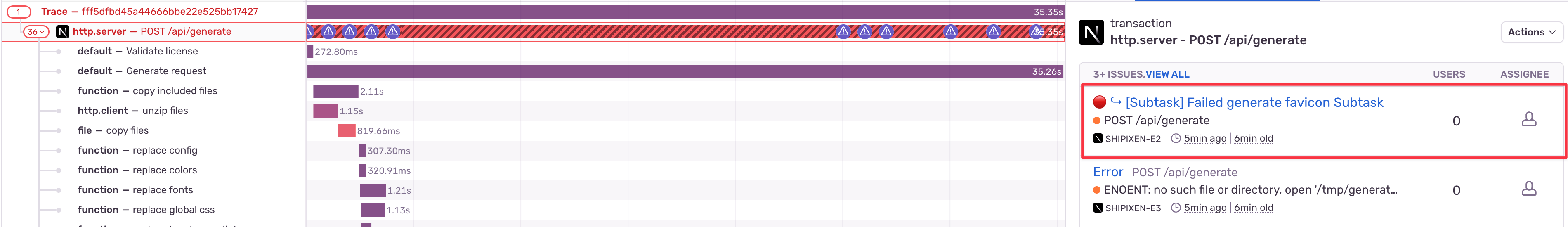 Sentry Trace View showing failed generate favicon subtask and ENOENT error after parallelization attempt