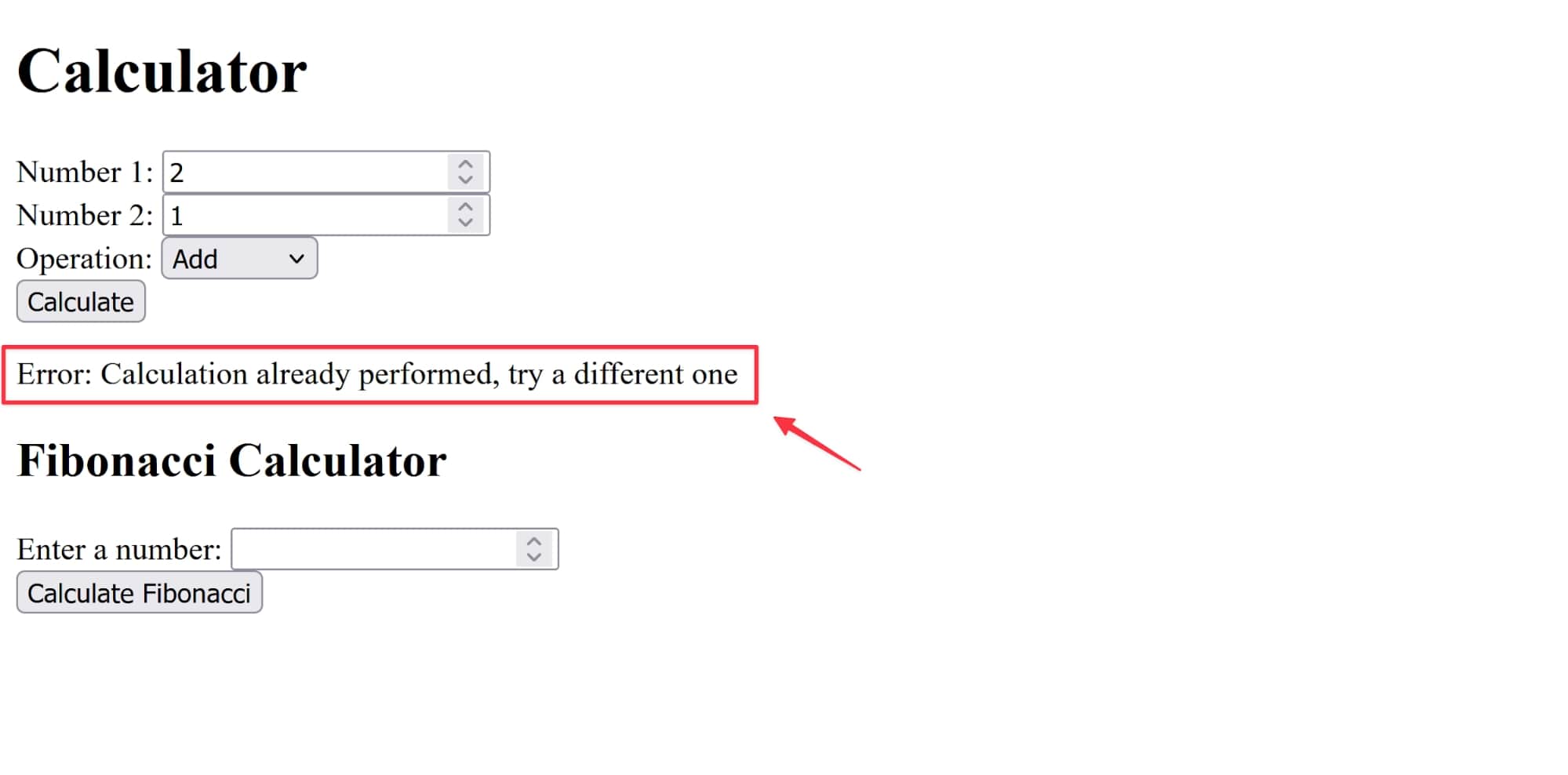 An error message is highlighted in the calculator app, showing a "calculation already performed" error.