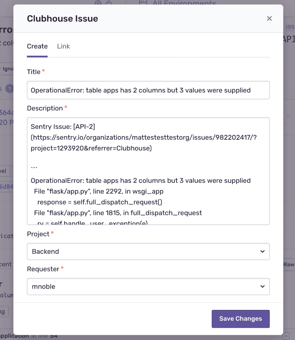 Clubhouse Issue creation form pre-filled with Sentry error title, description, project, and requester