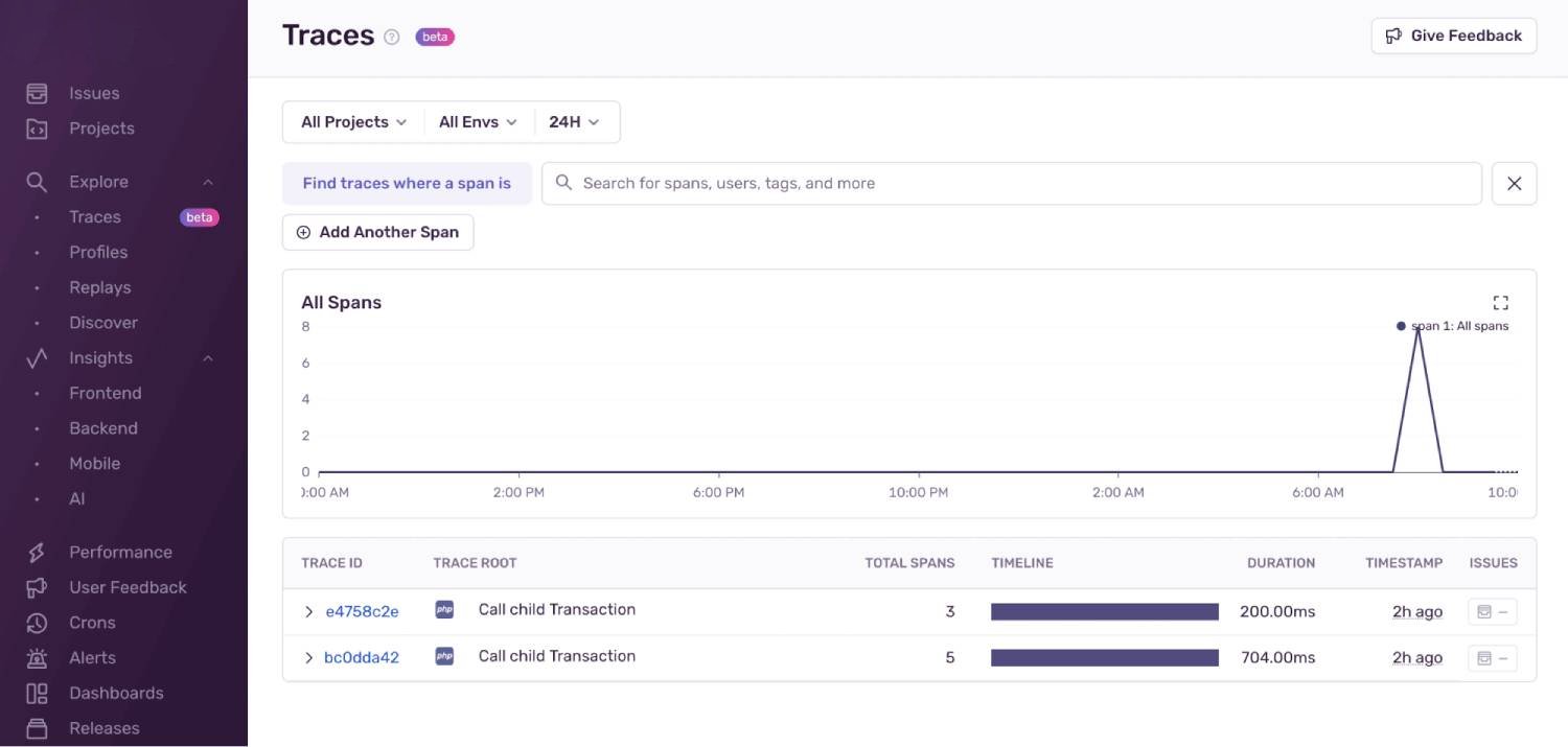 Traces dashboard in Sentry
