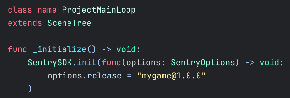 Screenshot of Godot GDScript code defining a ProjectMainLoop class that extends SceneTree. In the _initialize() function, SentrySDK.init is called with an options callback that sets options.release to "mygame@1.0.0".